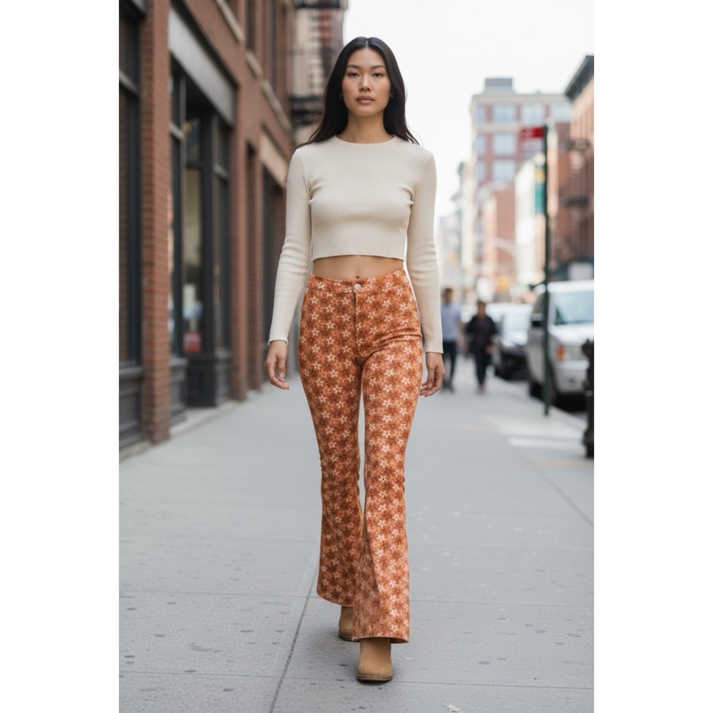 Peach Love Orange Retro Floral Flares | High Waist Denim Pants - Picture 7 of 10